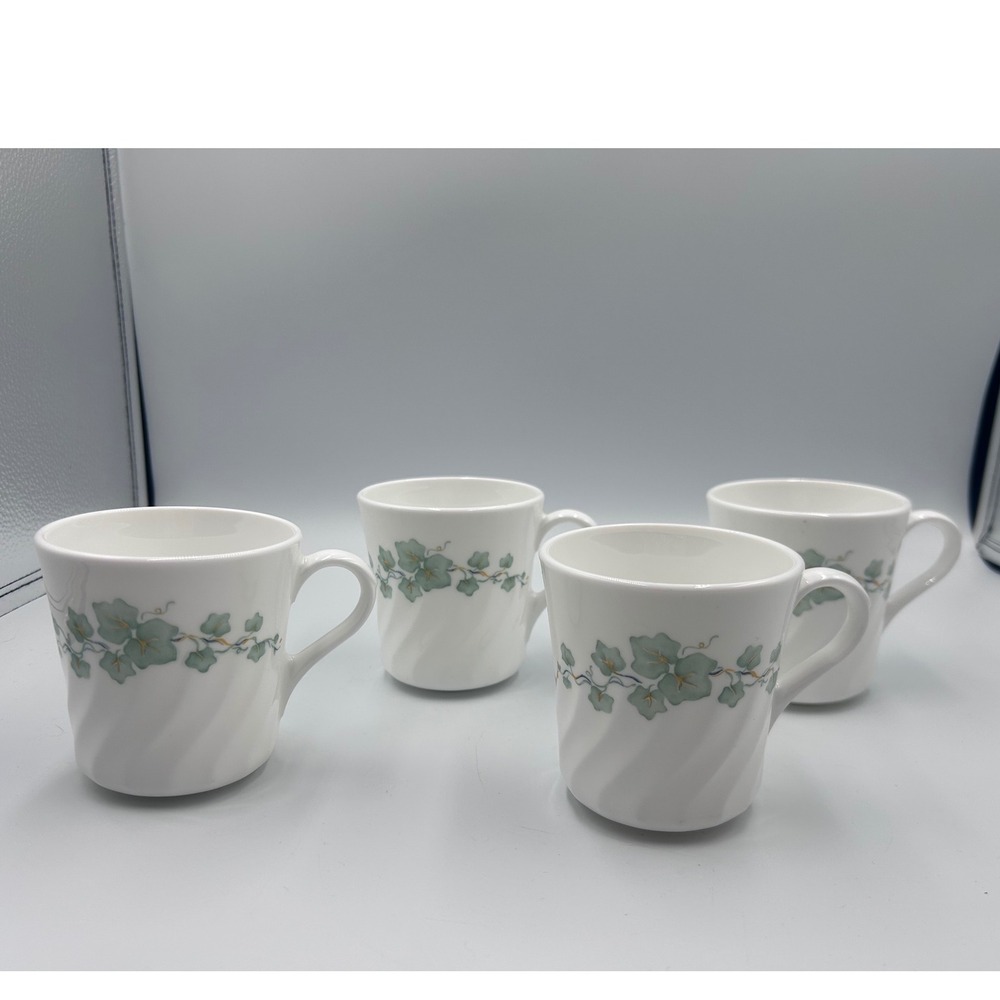 Corning Corelle English Ivy Coffee Mugs Set of 4 White Green Leaf Swirl Vitrelle